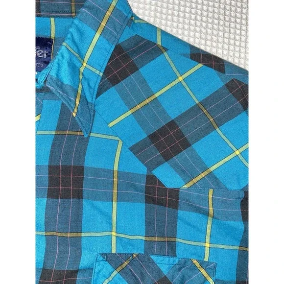 Wrangler Western Shirt Mens 2XL Big Man Blue Pearl Snap Plaid Button Down VTG - Picture 9 of 9